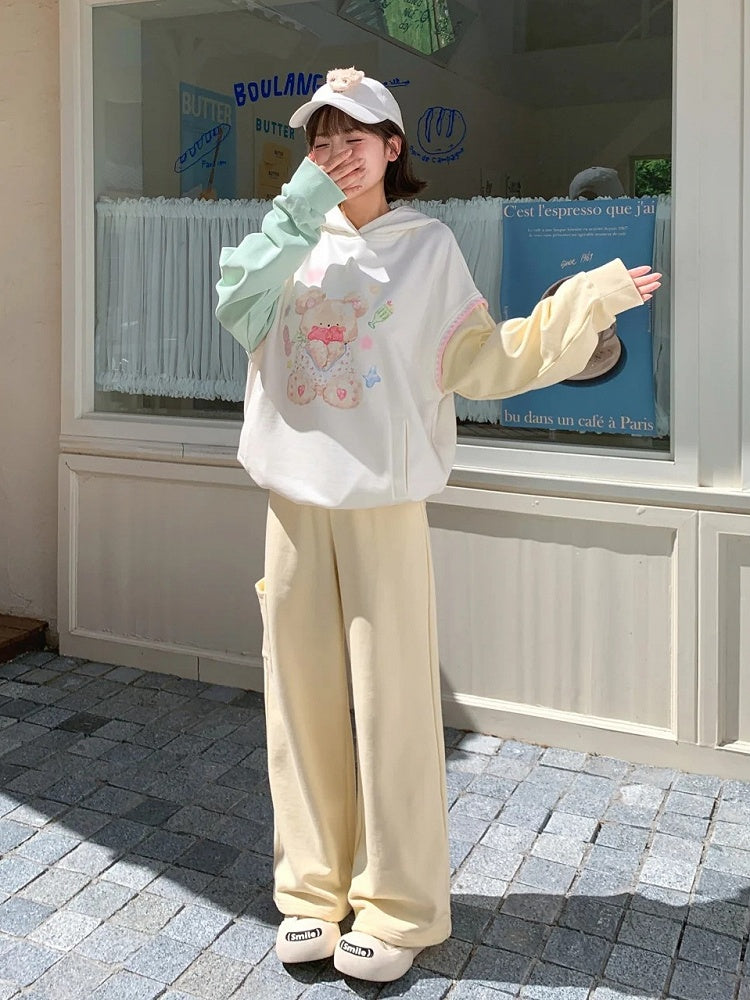 Weite Freizeithose mit normalem/kurzem Bein, bedruckt, cremefarben, elastischer Bund, Teddybär