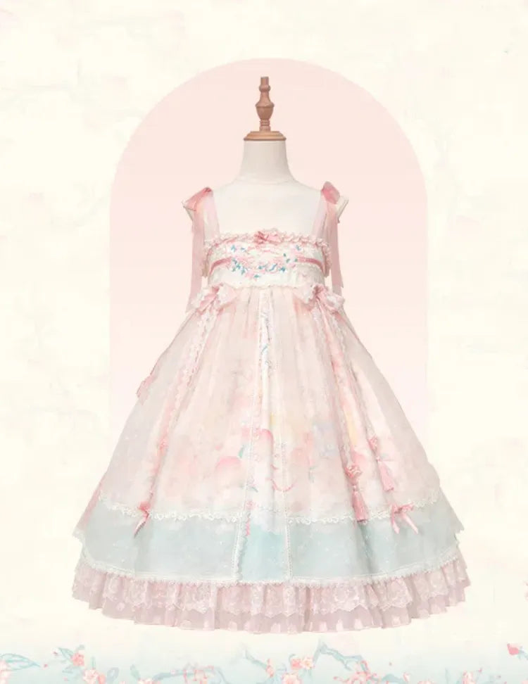 Peach and Peach Blossom Print Pink Empire Waist Han Lolita Dress
