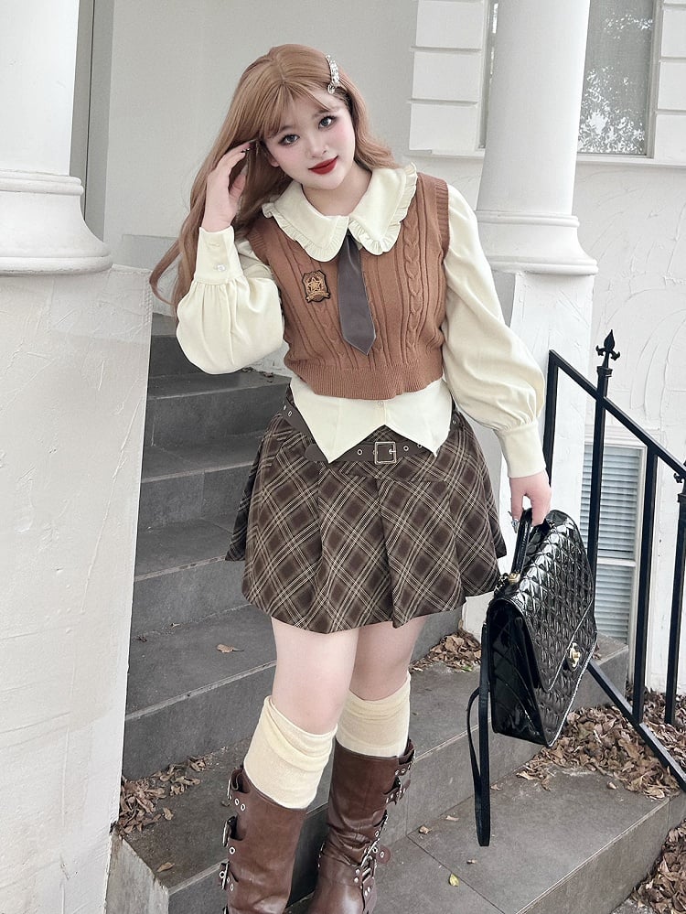 Plus Size Plaid White Skirt Brown / Shirt Pleated Preppy