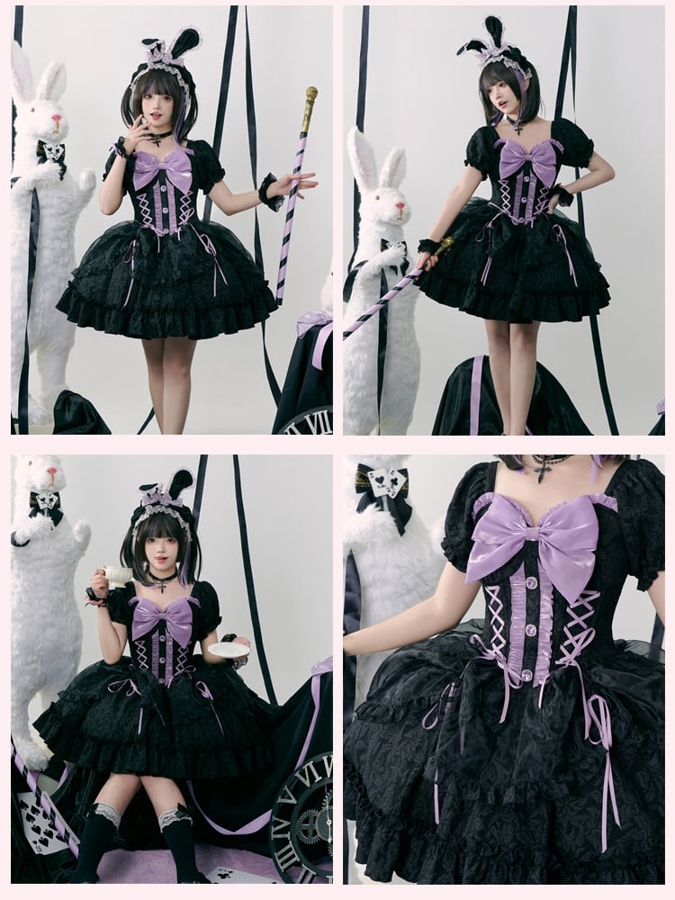 Schwarzes Jacquardkleid mit Schleife und herzförmigem Ausschnitt, Kordelzugrock