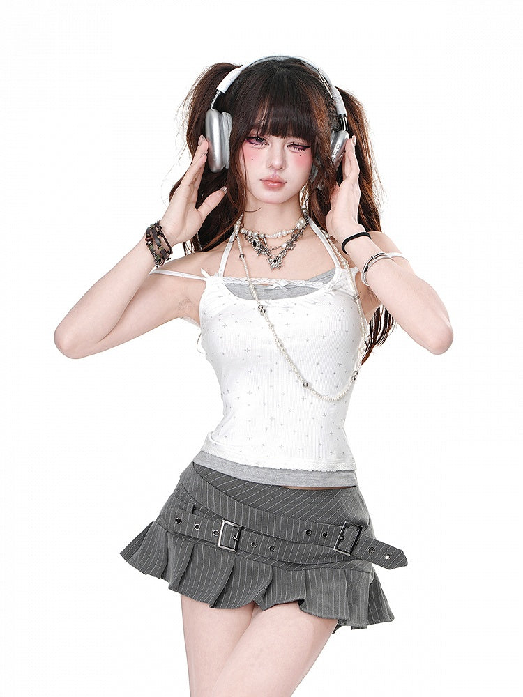 Gray/White Halter Neck Bowknot Details Faux Two-Piece Glamorous Cami Top