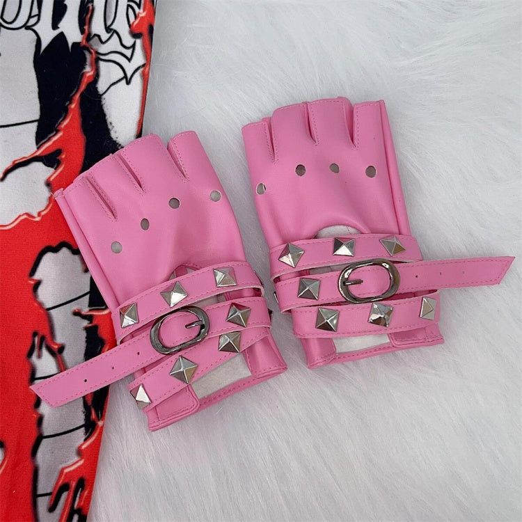 PU-Halbfingerhandschuhe mit Punk-Nieten und überkreuzten Riemen