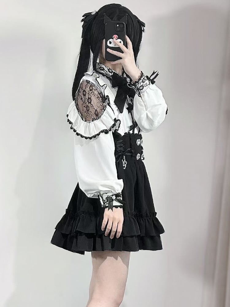 White Trim Jirai Rhinestone Details Kei Bowknot And Blouse Decorated Beaded Ruffles