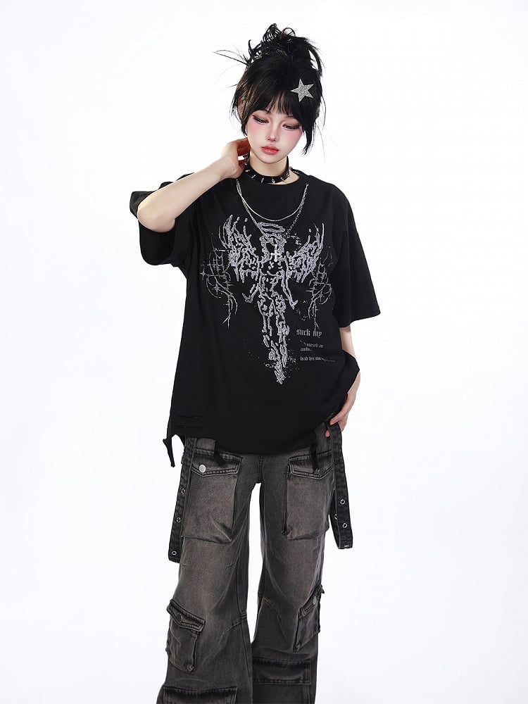 White/Black Distressed T-Shirt with Angelic Outline and Detachable Chain Cross