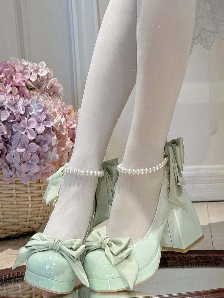 Grüne Lolita-Plateauschuhe mit Schleife und runder Mary-Schuh-Details