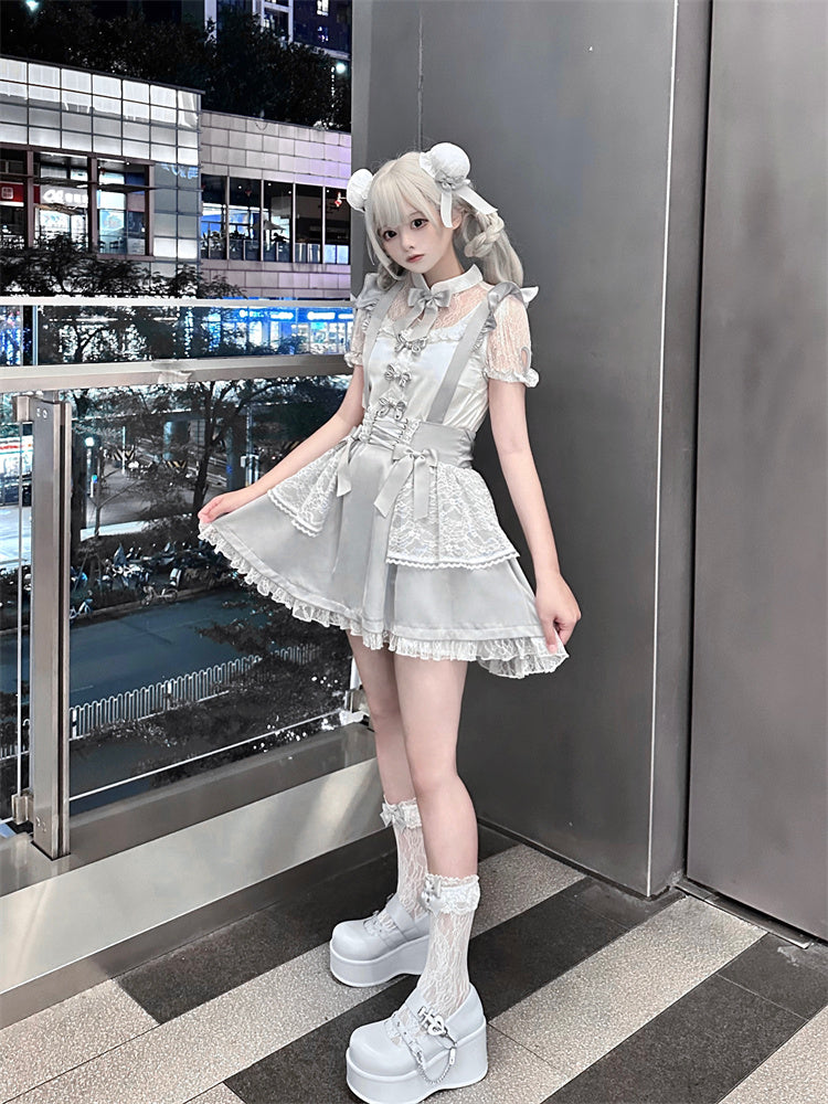 Ruffled Lace Trim Flutter Sleeves Kei Embellished Gray Bowknots Jirai Overalls
