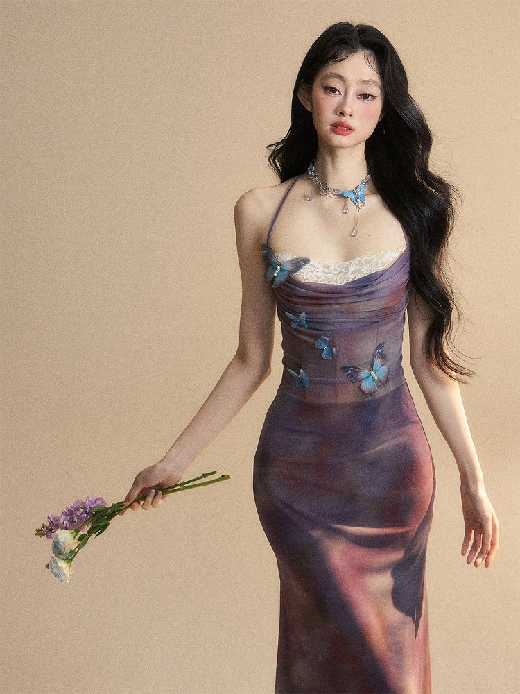 Accents Halter Purple Slip Dress Patches Butterfly Lace Neck Glamorous