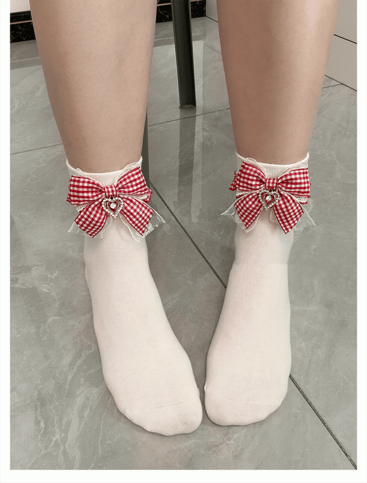 Kei Lolita White Plaid Bowknot with Sweet Ankle/Mid-Calf Socks Jirai Red Style
