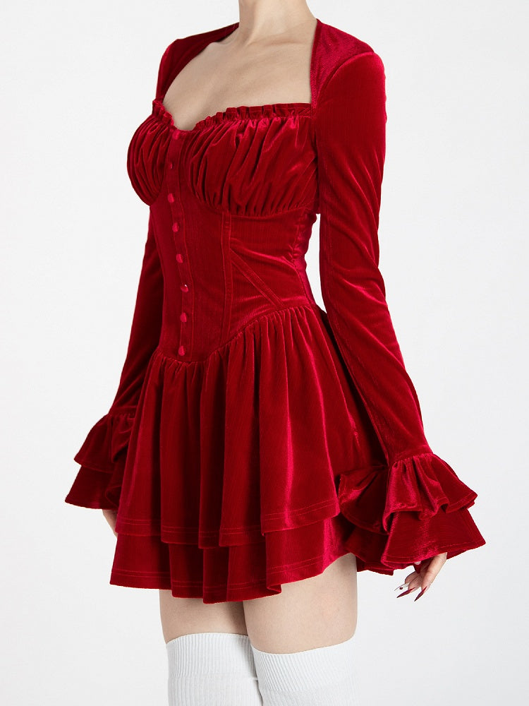 レッドベルベットのVネックベルスリーブグラマラスティアードスカートミニドレス