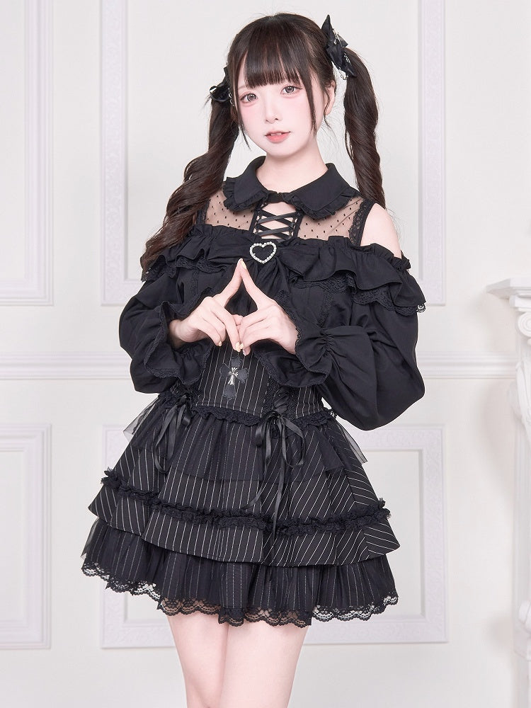 and Detail Long Top Illusion Sleeve Blouse Shoulder Jirai with Black Open Neckline Kei