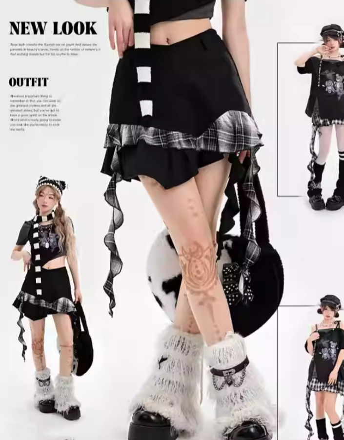 Black Plaid Asymmetrical Ruffled Hem Skirt