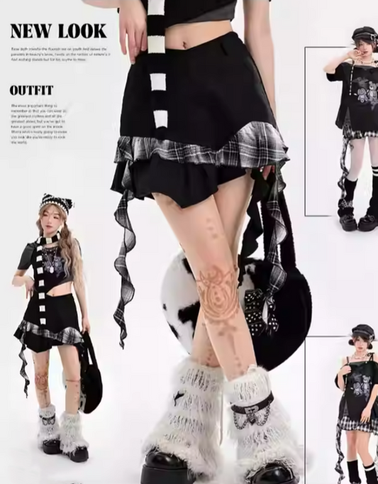 ブラックチェック柄アシンメトリーフリルヘムスカート