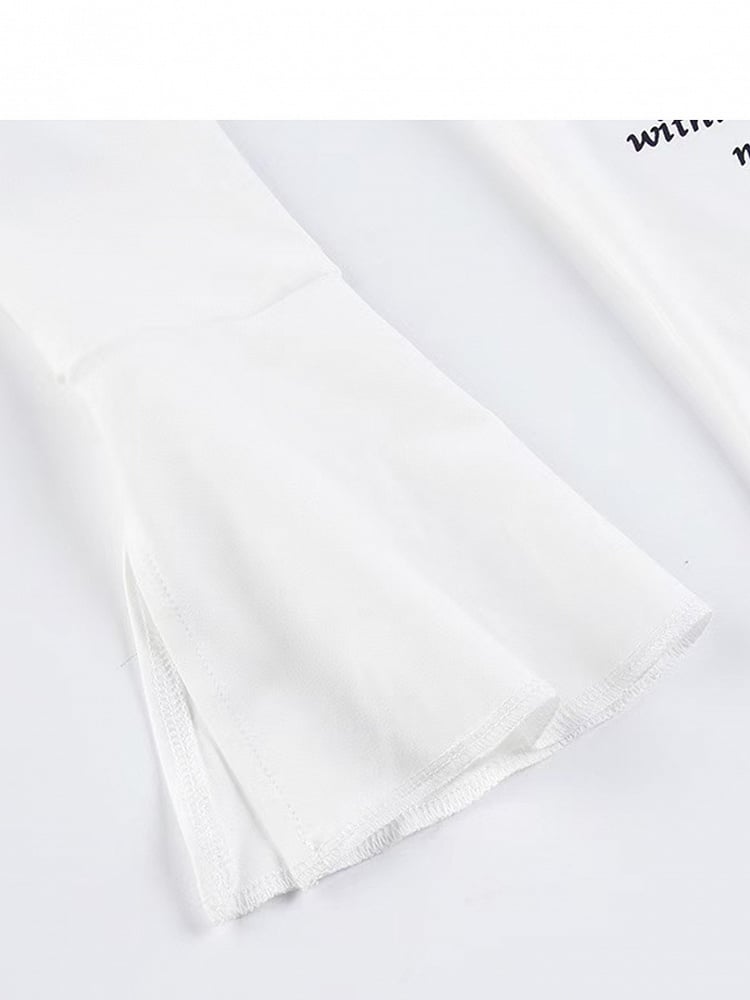 White Print Bell Asymmetrical Letter Bittersweet Sleeves Hem Top