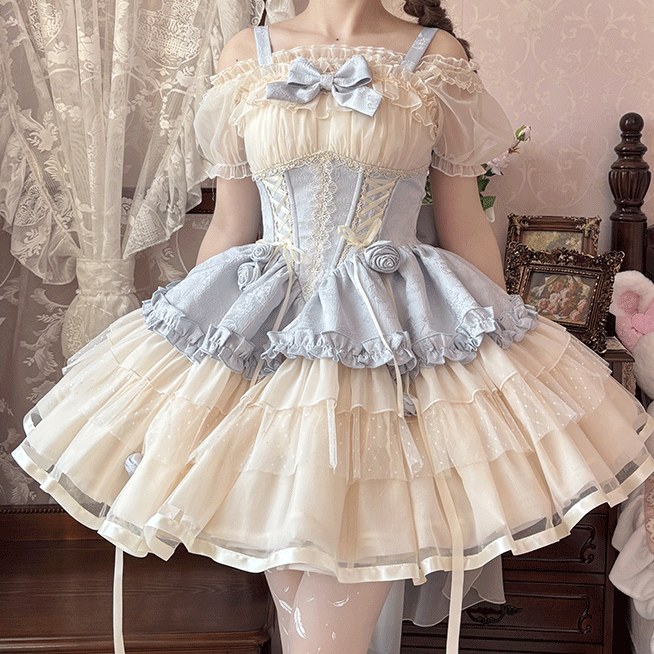 Beige Corset Waist Big JSK Lace-up Sweet Lolita Balletcore Dress Train Bow and with Blue