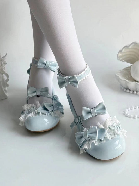 Lolita - Schnallen-Schleifendetails Jane Low Lace Schuhe Herzförmige Mary mit und blauem Absatz Süß