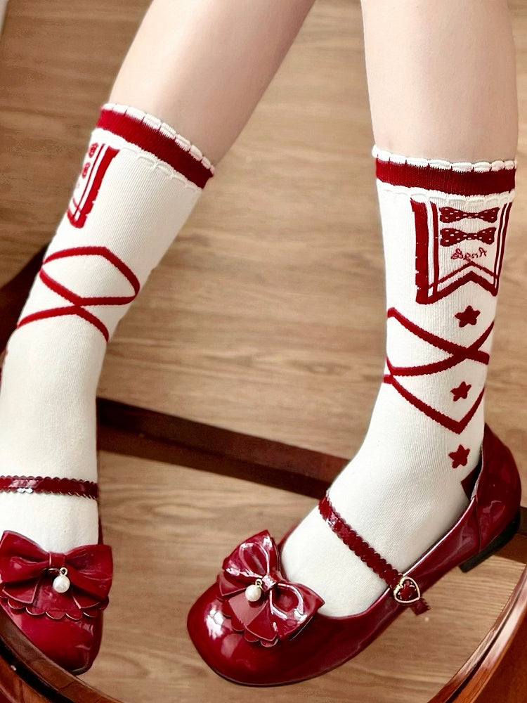 Socks Crisscorss Print Star and Bowknot Blue/Red Lolita Banded Calf