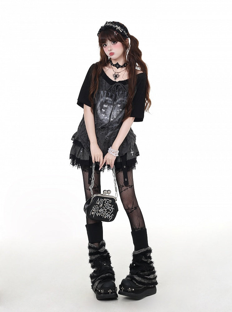 Neckline Gray Distressed Holes Colorblock Design Self-tie Strap Black and Graphic T-shirt