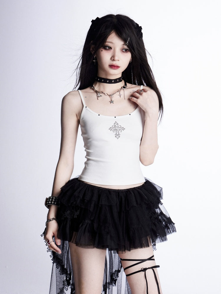 Cami Top White Rhinestones Embellished Cross Glamorous