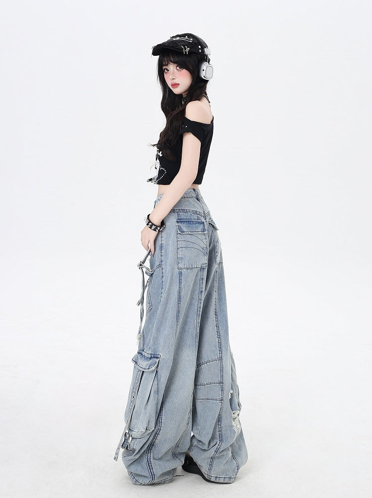 Rise Distressed Holes Jeans Blue Wide-leg Cargo Low