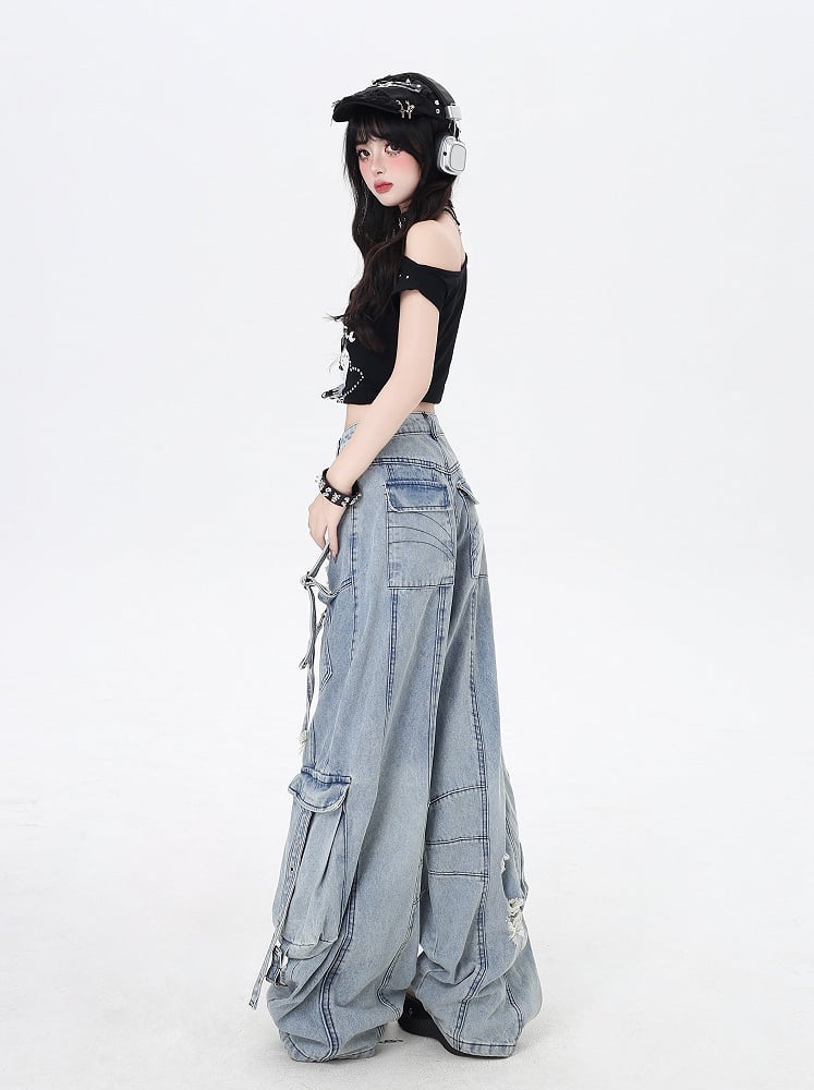 Rise Distressed Holes Jeans Low Blue Wide-leg Cargo