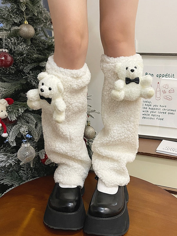 White Lolita Bear Doll Bowknot Leg Warmers