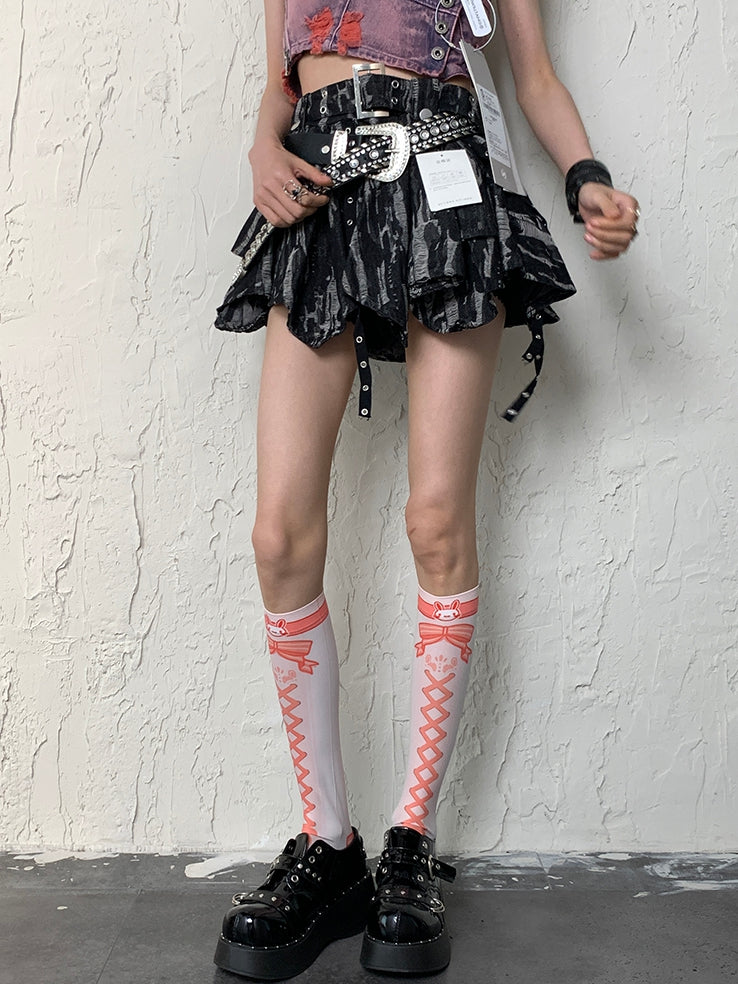 Stockings WhiteOrange Banded Bunny Y2K Underknee Print Crisscorss And Bowknot