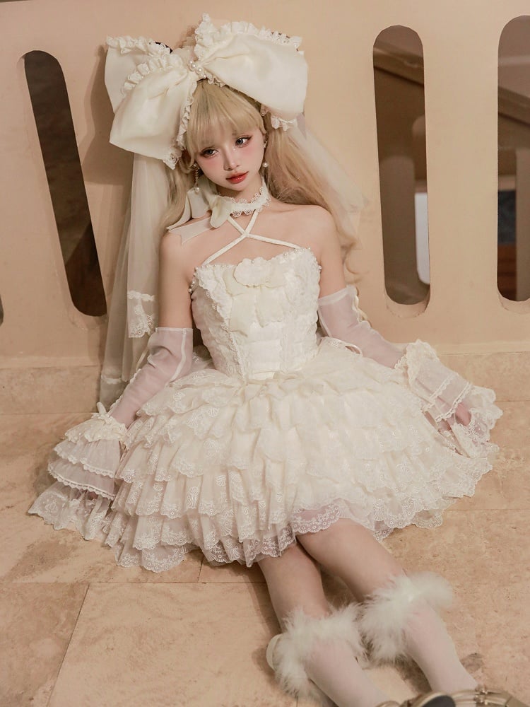 Creamy Scallop Lolita White Skirt Trim Embroidered Princess Dress Tiered