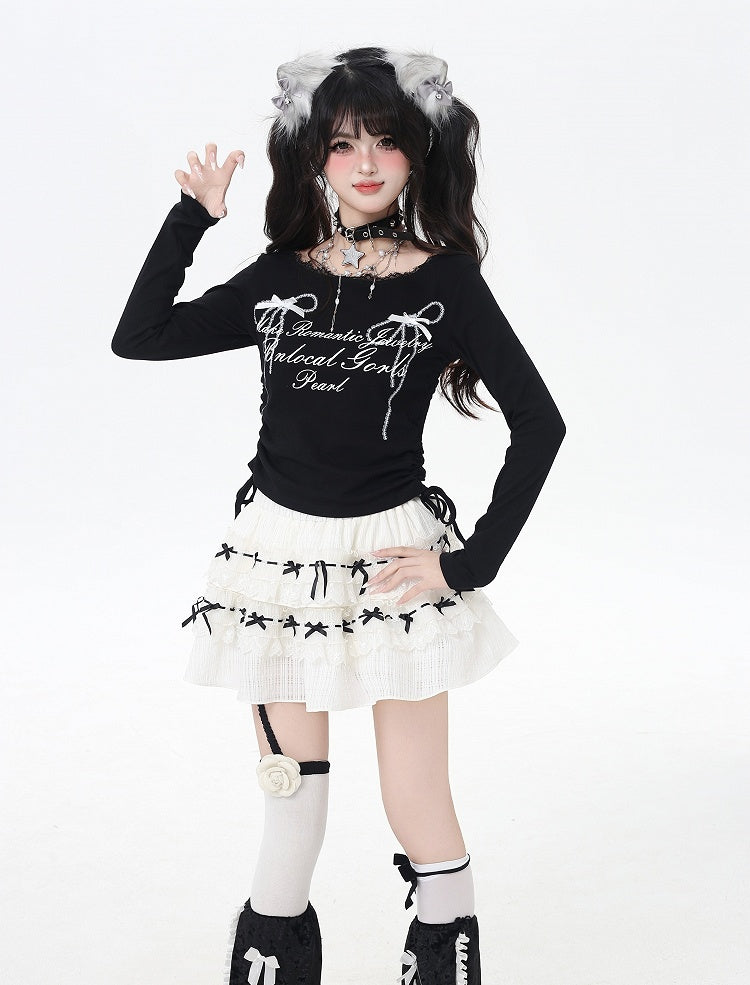 Bowknot Print Lace Sweet Top Trim Drawstring Waist White/Black