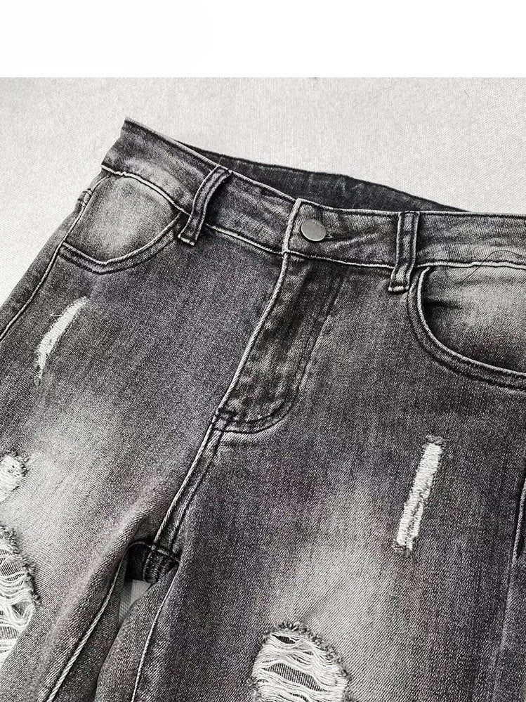Bittersweet Gray Distressed Details Flare Jeans Holes Silhouette
