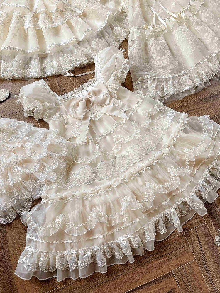White Embroidered Bow Creamy Lolita Dress Sleeves Big Short Puff Neckline