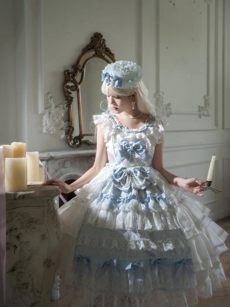 Bows and Skirt Decoration Dress Full Tiered Set Hanayome Blue White Lolita JSK Hime