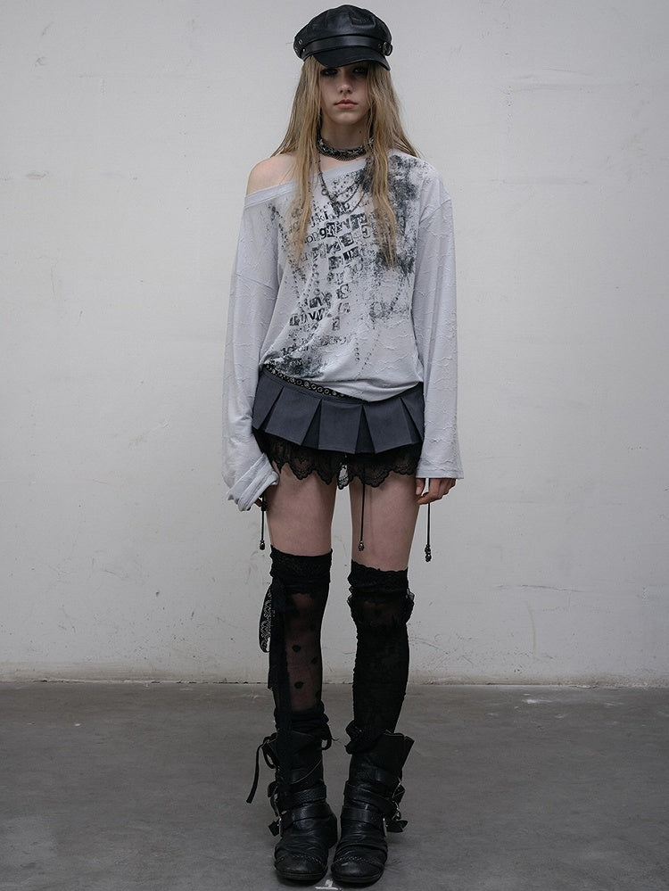 Wasteland Punk Letter Long Top Asymmetrical Blue/Beige Sleeves Neckline Print