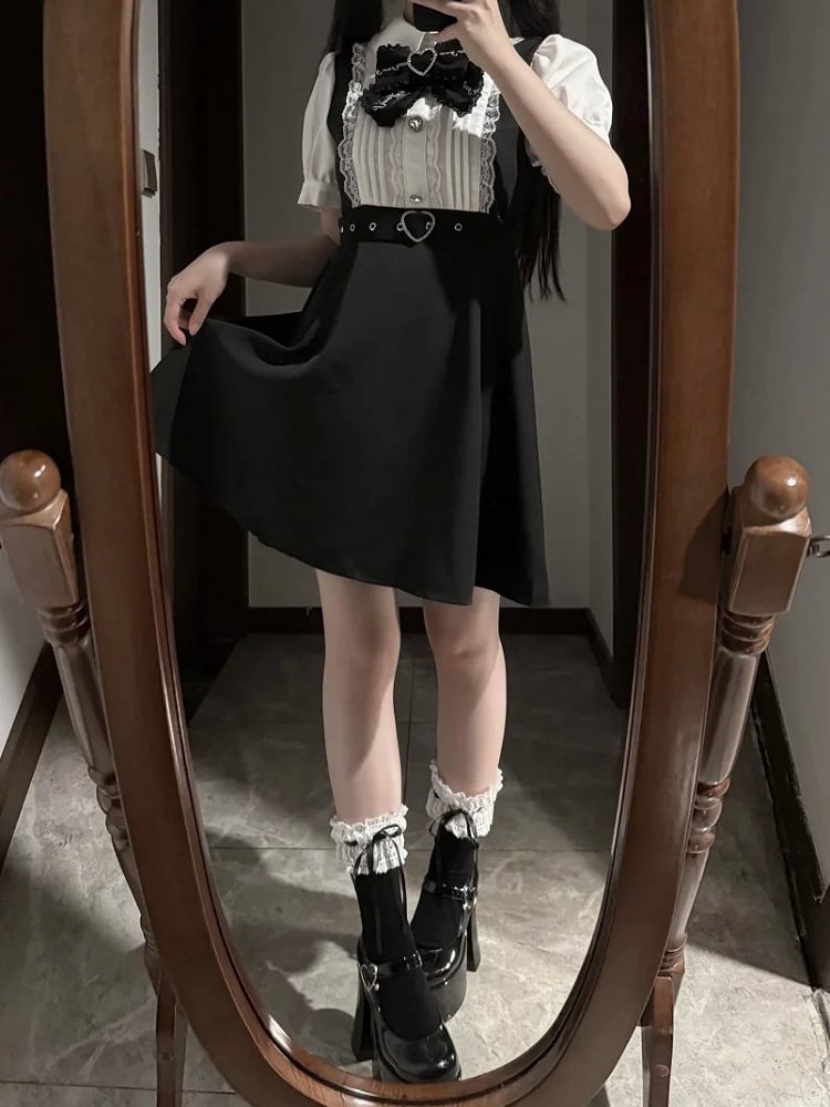 Detachable Black Overall Heart Bow Jirai White Buckle Dress Belt Colorblock Tie with Kei Faux
