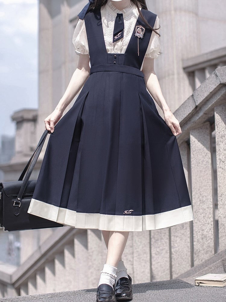 Overalls Box Embroidery Skirt Blue Letters with Pleat Dark