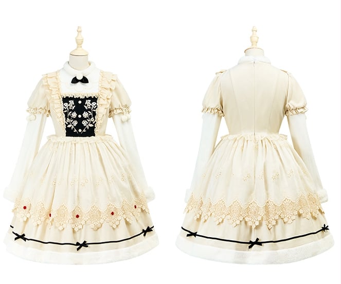 and Neckline Beige Long Sleeves Cuffs Lolita Floral Plush Dress Bodice Embroidery