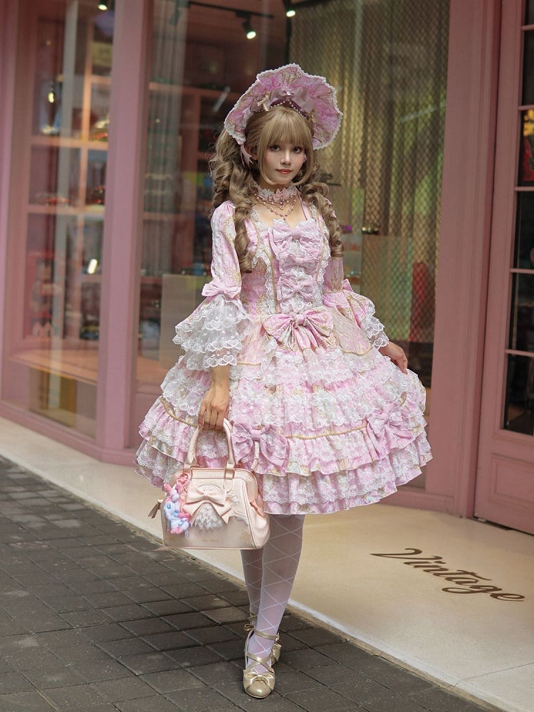 with Accents Floral Sleeves Print Lolita Dress Bow Lace Bell and Trim Pink OP