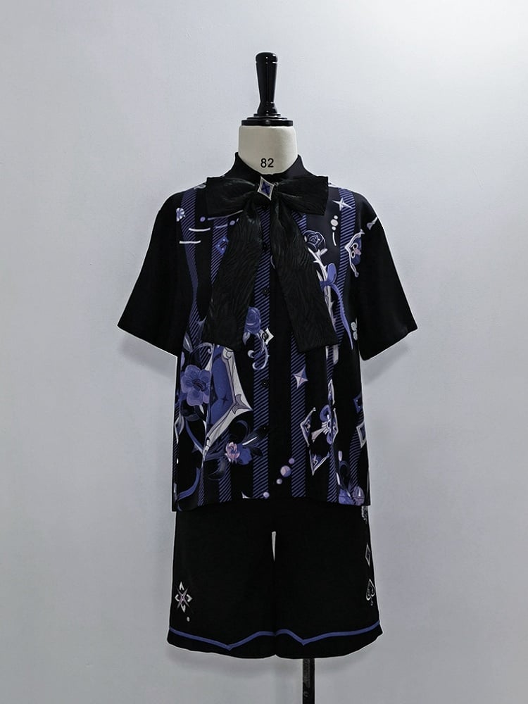 Ouji Fashion Bowtie with Magician Print Rose Summer Shirt and Poker