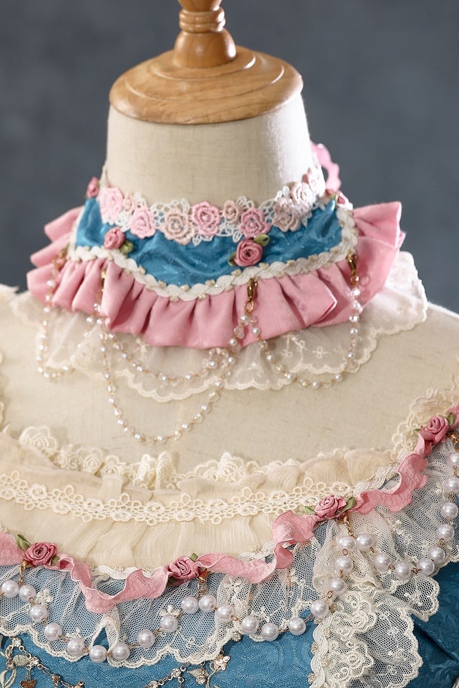 Blue Hanayome Rosette Embroidery Floral and Bead Chain Details Lolita OP Full Set