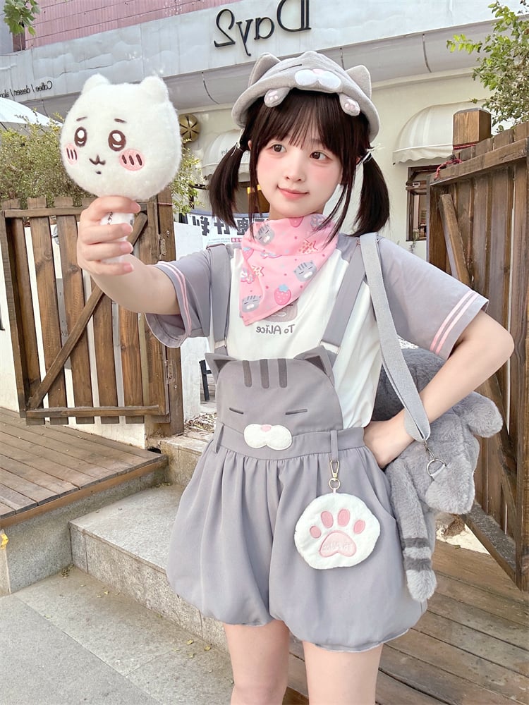 Shorts Bubble Overalls Adorable Kitty Pattern Gray