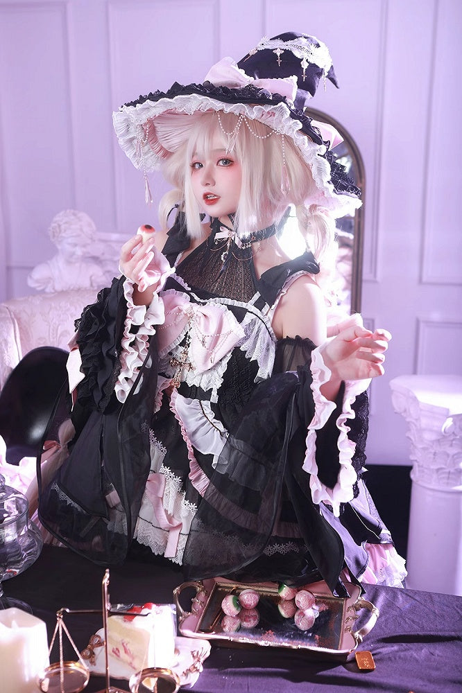 Black and Pink High Waist Sweet Witchy Dress Lolita Jumper Skirt Full Set