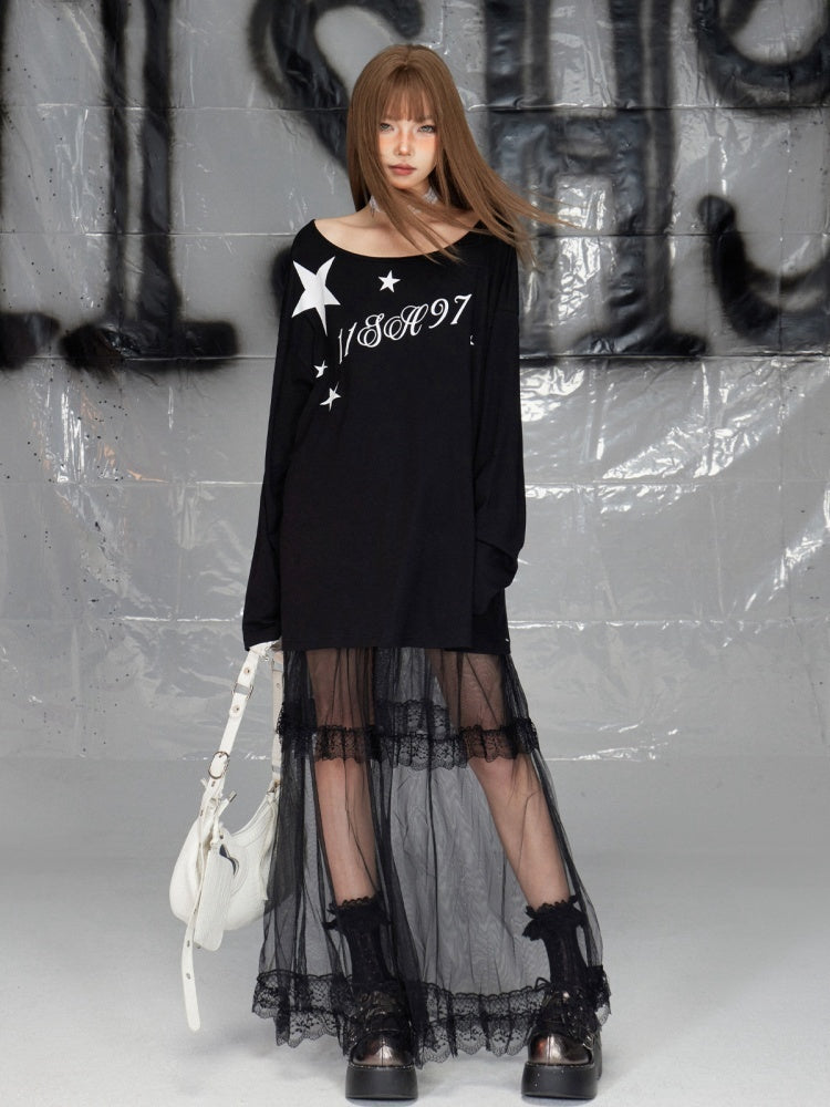 Black Asymmetrical Neckline Letter Print Top Loose