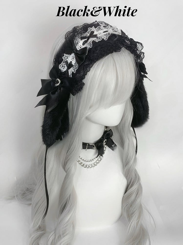 Haarband aus Spitze mit Hasenohren, Schleife und Herz, Strass und Rüschen