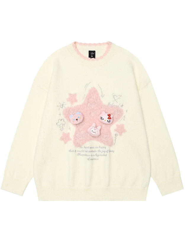 Light Blue/Light Yellow Star Applique Cute Kitties Adorned Loose Sweater