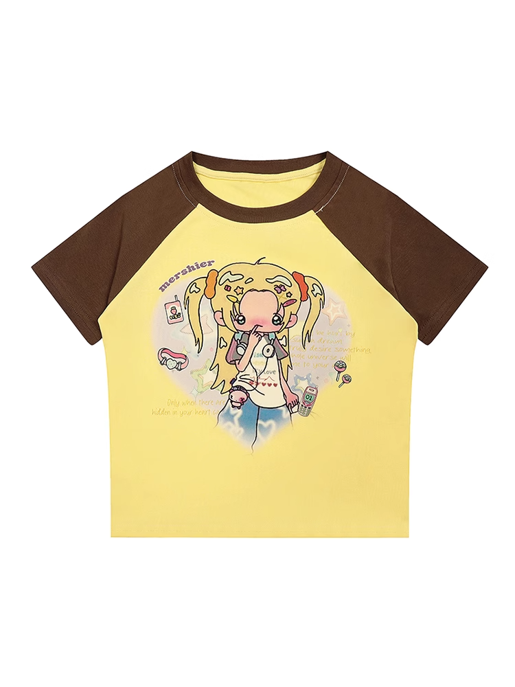 Y2K Gelbes Colorblock-Design T-Shirt mit Cartoon-Print, schmale Passform