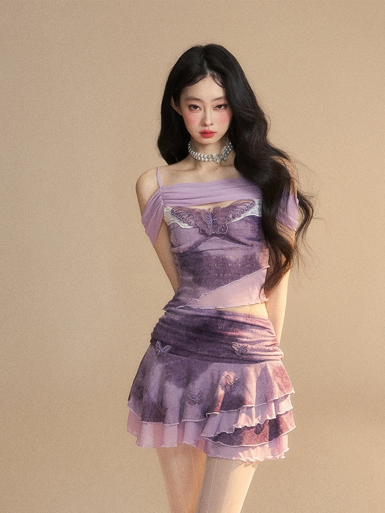 Neckline Butterfly Embroidery Top/Butterfly Accents Applique Glamorous Tiered Skirt Lavender Off-the-shoulder