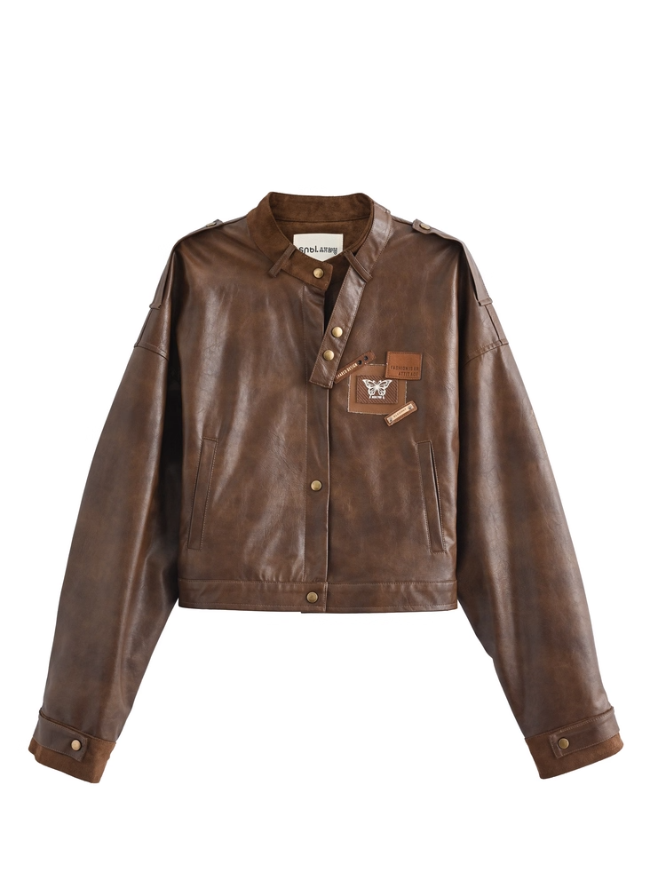 Brown Badge Autumn for Appliques Vintage PU Jacket