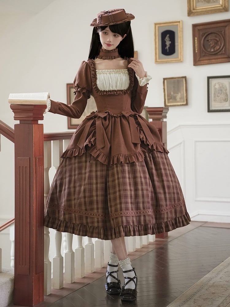 + Set Long - Autumn Lollita Detachable Choker Elegant OP Hat Bows Coffee Version
