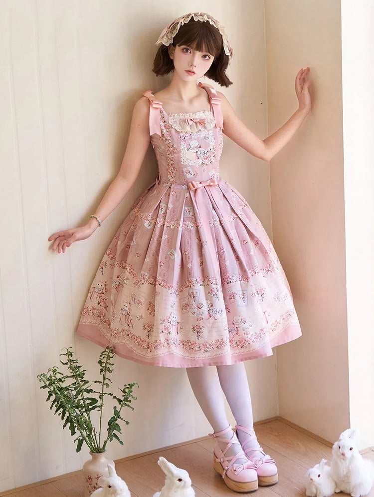 Kitty and Floral Pink Sweet Lolita Jumper Skirt