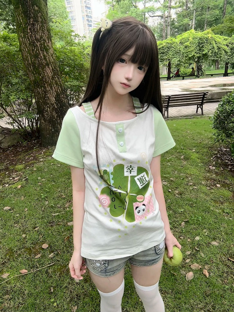 Print with Clover Wide White Sweet Colorblock Green T-shirt and Lucky Neckline