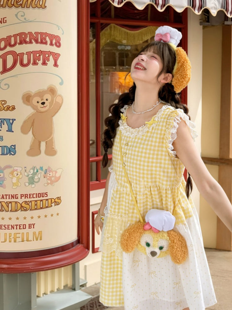 Plaid Dress Tiered Yellow Patchwork Design Flutter Sleeves Sweet